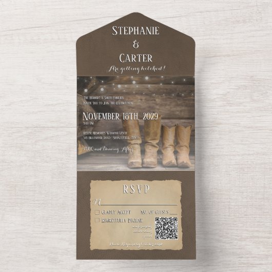 Invitation Tout En Un Barne & Bottes Rustique Cowboy Western QR Code (À l'intérieur)