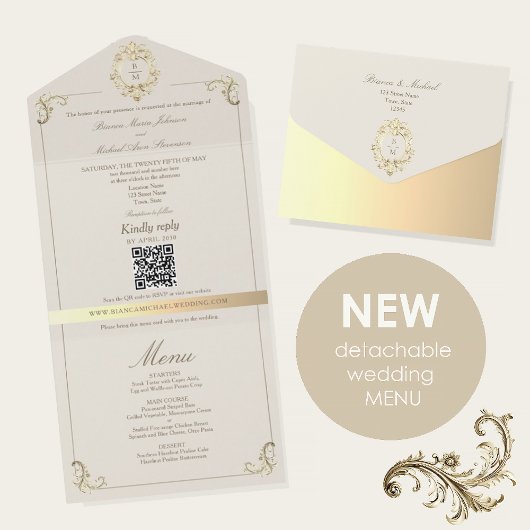 Invitation Tout En Un Baroque Gold All In One Wedding Invite + Menu
