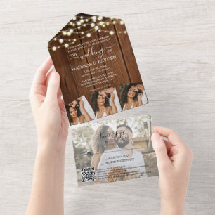 Invitation Tout En Un Barre Bois Chaîne Lumières 4 Photo Code QR Mariage