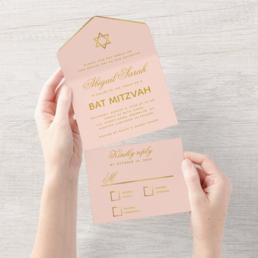 Invitation Tout En Un Bat mitzvah Blush Rose Faux Or Élégant Script (Déchirure)