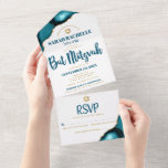 Invitation Tout En Un Bat mitzvah Bold Moderne Turquoise Agate Script<br><div class="desc">Soyez fier, réjouissez-vous et présentez cette étape importante de votre Bat mitzvah préféré ! Envoyez cette invitation tout-en-un cool, unique, moderne et personnalisée pour un événement à retenir. La typographie de script bleu foncé et l'étoile faux or de David superposent un arrière - plan blanc simple et propre avec agate...</div>