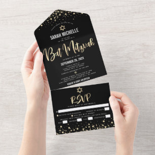 Invitation Tout En Un Bat Mitzvah Moderne Noir Doré Paillettes Écriture