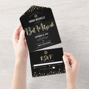 Invitation Tout En Un Bat Mitzvah Moderne Noir Or Paillettes Script Gras