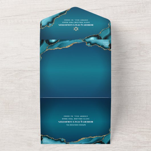 Invitation Tout En Un Bat mitzvah Moderne Turquoise Ombre Agate Script (Dehors)