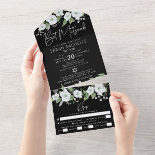 Invitation Tout En Un Bat Mitzvah Noir Argent Écriture Aquarelle Floral