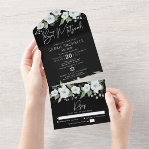 Invitation Tout En Un Bat Mitzvah Noir Argent Écriture Florale Aquarelle
