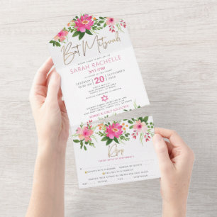 Invitation Tout En Un Bat Mitzvah Or Type Fleur Rose Aquarelle Fête