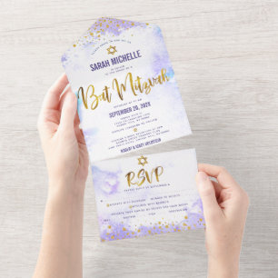 Invitation Tout En Un Bat mitzvah Purple Watercolor Gold Script Party