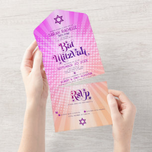 Invitation Tout En Un Bat Mitzvah Rétro Boho Rose Orange Dégradé Gras