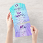 Invitation Tout En Un Bat Mitzvah Rétro Dégradé Bleu Violet Bohème Gras<br><div class="desc">Soyez fiers, réjouissez-vous et mettez en valeur ce jalon de votre Bat Mitzvah préférée avec cette invitation personnalisée bohème rétro amusante tout-en-un pour un événement inoubliable. Une typographie violette et bleu marine branchée, tendance et audacieuse avec une typographie sans empattement moderne se superpose sur un fond de rayons dégradés turquoise...</div>