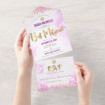 Invitation Tout En Un Bat mitzvah rose aquarelle or script moderne<br><div class="desc">Soyez fier, réjouissez-vous et présentez cette étape importante de votre Bat mitzvah préféré ! Envoyez cette magnifique invitation tout-en-un moderne et personnalisée pour un événement à retenir. Un arrière - plan d'aquarelle rose pâle est superposé d'un faux papier doré, de points de parties scintillant et d'un script de typographie. Ce...</div>