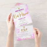 Invitation Tout En Un Bat mitzvah Rose Aquarelle Or Script Parti chic<br><div class="desc">Soyez fier, réjouissez-vous et présentez cette étape importante de votre Bat mitzvah préféré ! Envoyez cette magnifique invitation tout-en-un moderne et personnalisée pour un événement à retenir. Un arrière - plan d'aquarelle rose pâle est superposé d'un faux papier doré, de points de parties scintillant et d'un script de typographie. Ce...</div>