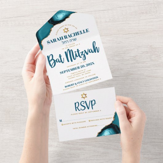 Invitation Tout En Un Bat Mitzvah Turquoise Agate Script Gras Moderne (Déchirure)