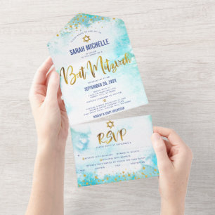 Invitation Tout En Un Bat mitzvah Turquoise Aquarelle Gold Script Party