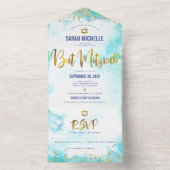 Invitation Tout En Un Bat mitzvah turquoise aquarelle or script girly (À l'intérieur)