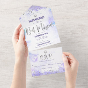 Invitation Tout En Un Bat Mitzvah Violet Aquarelle Argent Écriture Moder