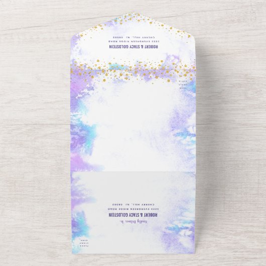 Invitation Tout En Un Bat mitzvah violet aquarelle or script moderne (Dehors)