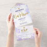 Invitation Tout En Un Bat mitzvah violet aquarelle or script moderne<br><div class="desc">Soyez fier, réjouissez-vous et présentez cette étape importante de votre Bat mitzvah préféré ! Envoyez cette magnifique invitation tout-en-un moderne et personnalisée pour un événement à retenir. Un arrière - plan d'aquarelle violet clair, des points de parties scintillant et un script de typographie superposent un faux feuillet d'or brillant. Ce...</div>