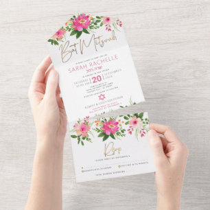Invitation Tout En Un Batik Mitzvah or en écriture dorée Fleurs roses aq