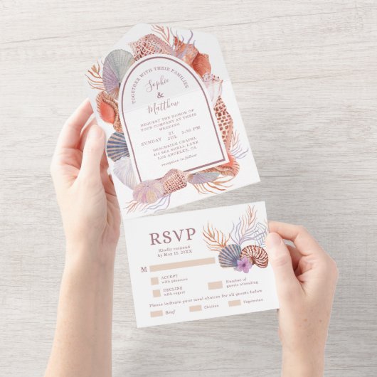 Invitation Tout En Un Beach Seashells Aquarelle Côte Chic Mariage (Déchirure)