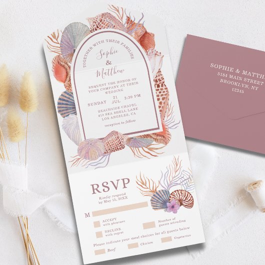 Invitation Tout En Un Beach Seashells Aquarelle Côte Chic Mariage Al