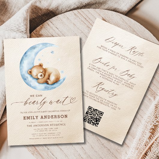Invitation Tout en un Bearly Wait Blue Boy Baby shower
