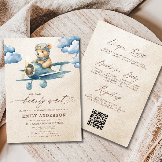 Invitation Tout en un Bearly Wait Blue Boy Baby shower