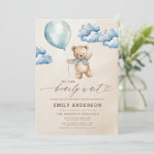 Invitation Tout en un Bearly Wait Blue Boy Baby shower (Debout devant)