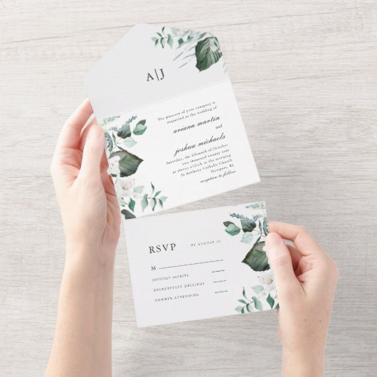 Invitation Tout En Un Beau Mariage Floral Blanc et Vert (Déchirure)