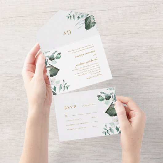 Invitation Tout En Un Beau Mariage Floral Blanc et Vert (Déchirure)