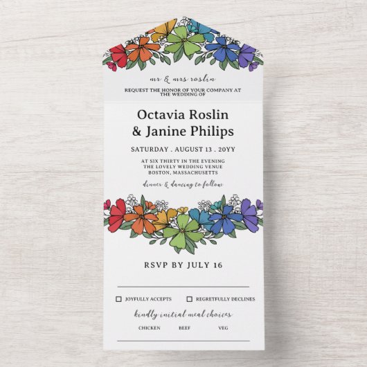 Invitation Tout En Un Beau Rainbow Floral Mariage LGBT (À l'intérieur)