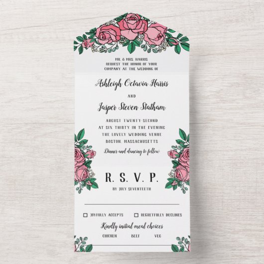 Invitation Tout En Un Beau rose Roses Mariage Floral (À l'intérieur)