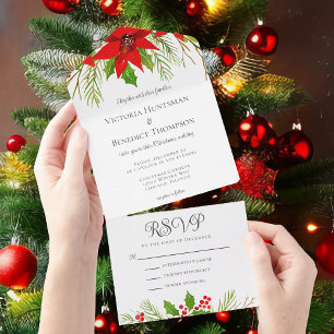 Invitation Tout En Un Beau Rouge Noël Poinsettia Floral Mariage