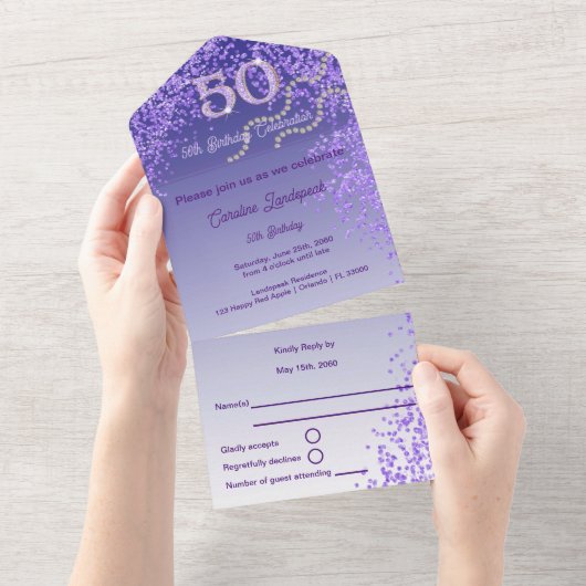 Invitation Tout En Un Beautiful Purple Glitter 50th Happy Birthday (Déchirure)