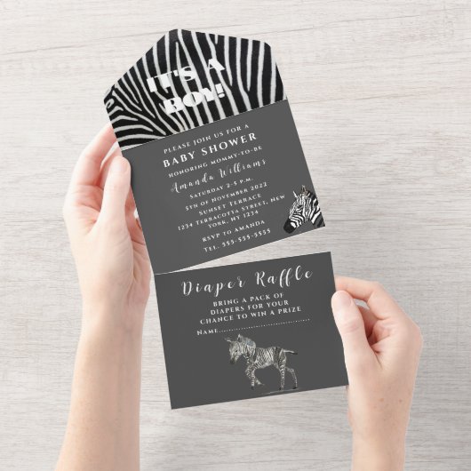 Invitation Tout En Un Bébé mignon Zebra Safari Jungle Aquarelle noire (Déchirure)