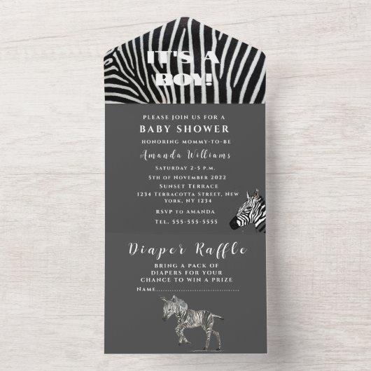 Invitation Tout En Un Bébé mignon Zebra Safari Jungle Aquarelle noire (À l'intérieur)
