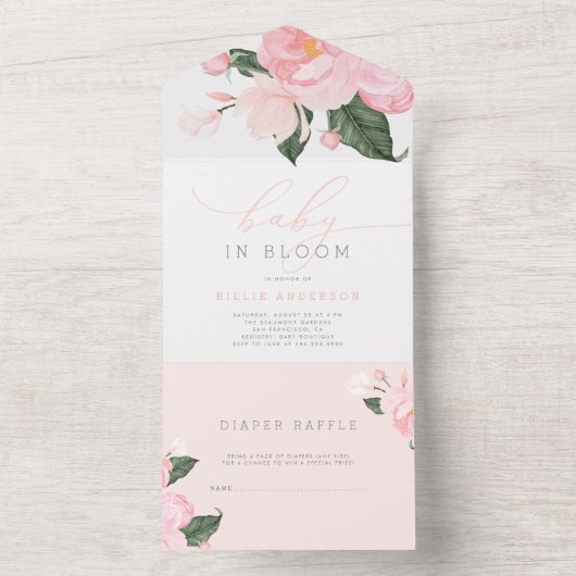 Invitation Tout En Un Bébé rose rose pâle dans douche fleurie (À l'intérieur)