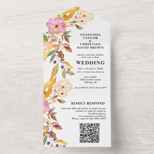 Invitation Tout En Un Beige Floral QR Code Tout en un (À l'intérieur)