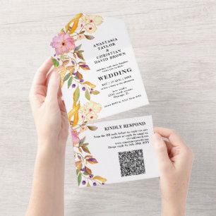 Invitation Tout En Un Beige Floral QR Code Tout en un