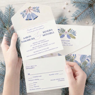 Invitation Tout En Un Belle Cloche de Mariage de Vacances Bleue