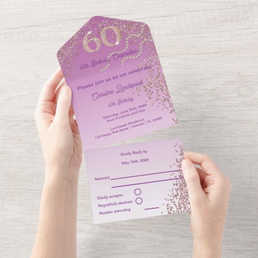 Invitation Tout En Un Belle Falling Rose Gold Parties scintillant 60e an (Déchirure)