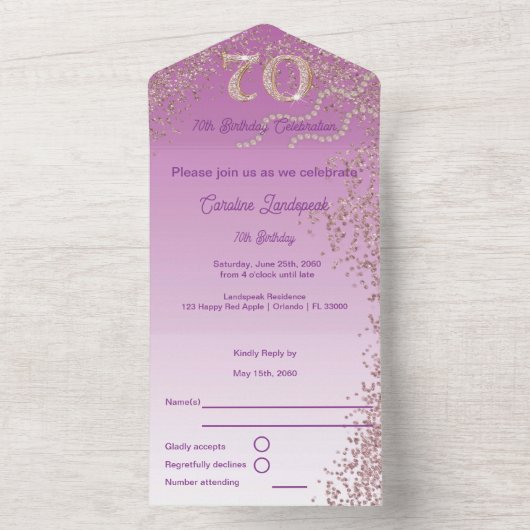 Invitation Tout En Un Belle Falling Rose Gold Parties scintillant 70e an (À l'intérieur)
