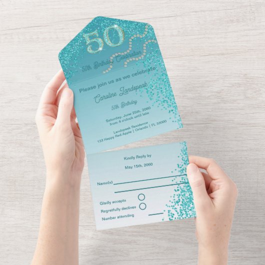 Invitation Tout En Un Belle Falling Turquoise Blue Parties scintillant 5 (Déchirure)