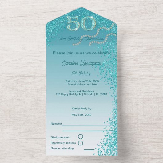 Invitation Tout En Un Belle Falling Turquoise Blue Parties scintillant 5 (À l'intérieur)