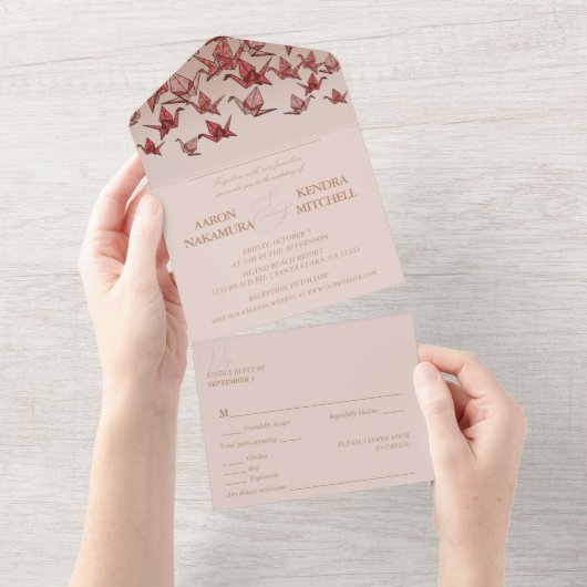 Invitation Tout En Un Belle grue en papier rouge (Déchirure)