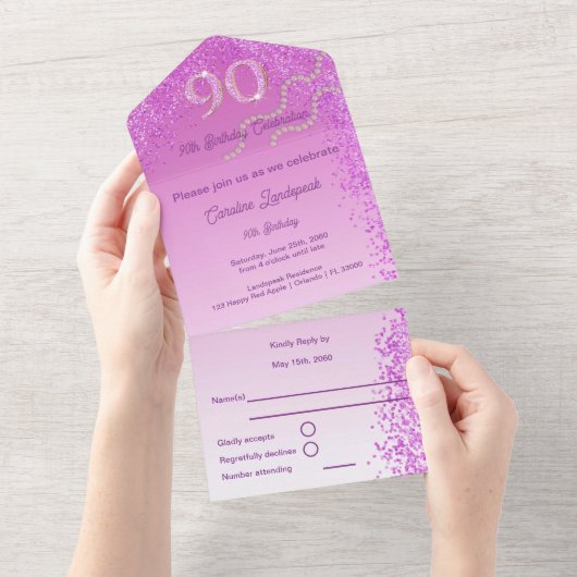 Invitation Tout En Un Belle Parties scintillant rose Falling 90e anniver (Déchirure)