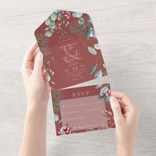 Invitation Tout En Un Berries de pin rouge Eucalyptus Pas de dîner (Déchirure)