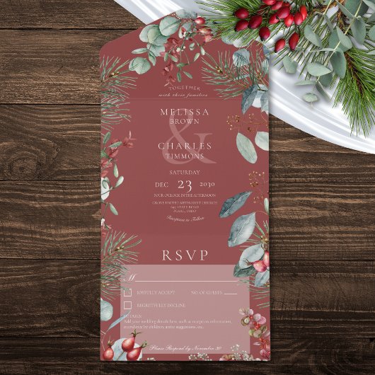 Invitation Tout En Un Berries de pin rouge Eucalyptus Pas de dîner