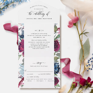 Invitation Tout En Un Berry Blue Burgundy Floral Mariage Perforforé RSVP
