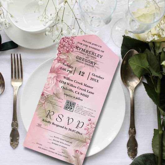 Invitation Tout En Un Berry d'hiver rose Floral Noël Minimal QR Code